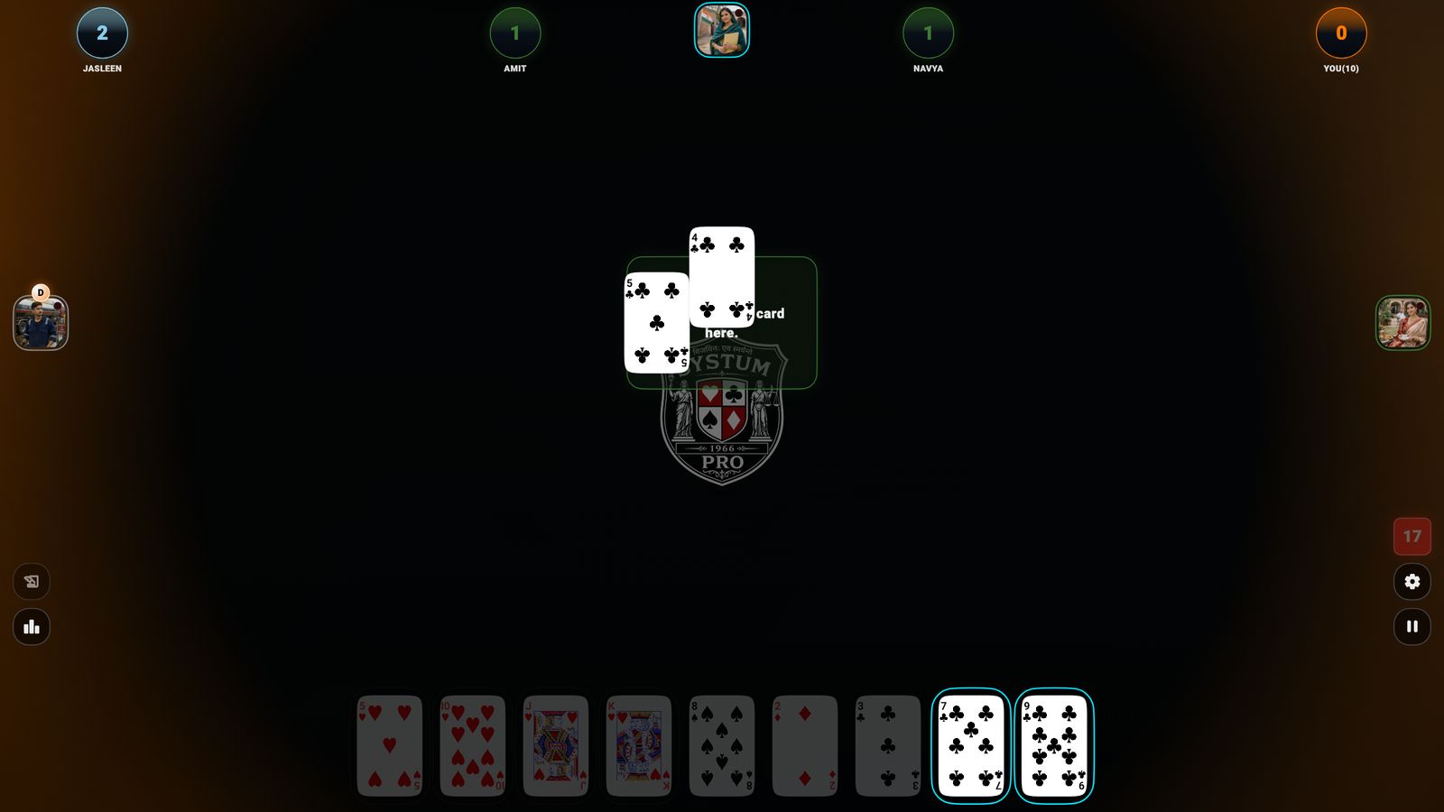 A live Minus (Call Break) table mid-trick, with each player's calls and your hand.